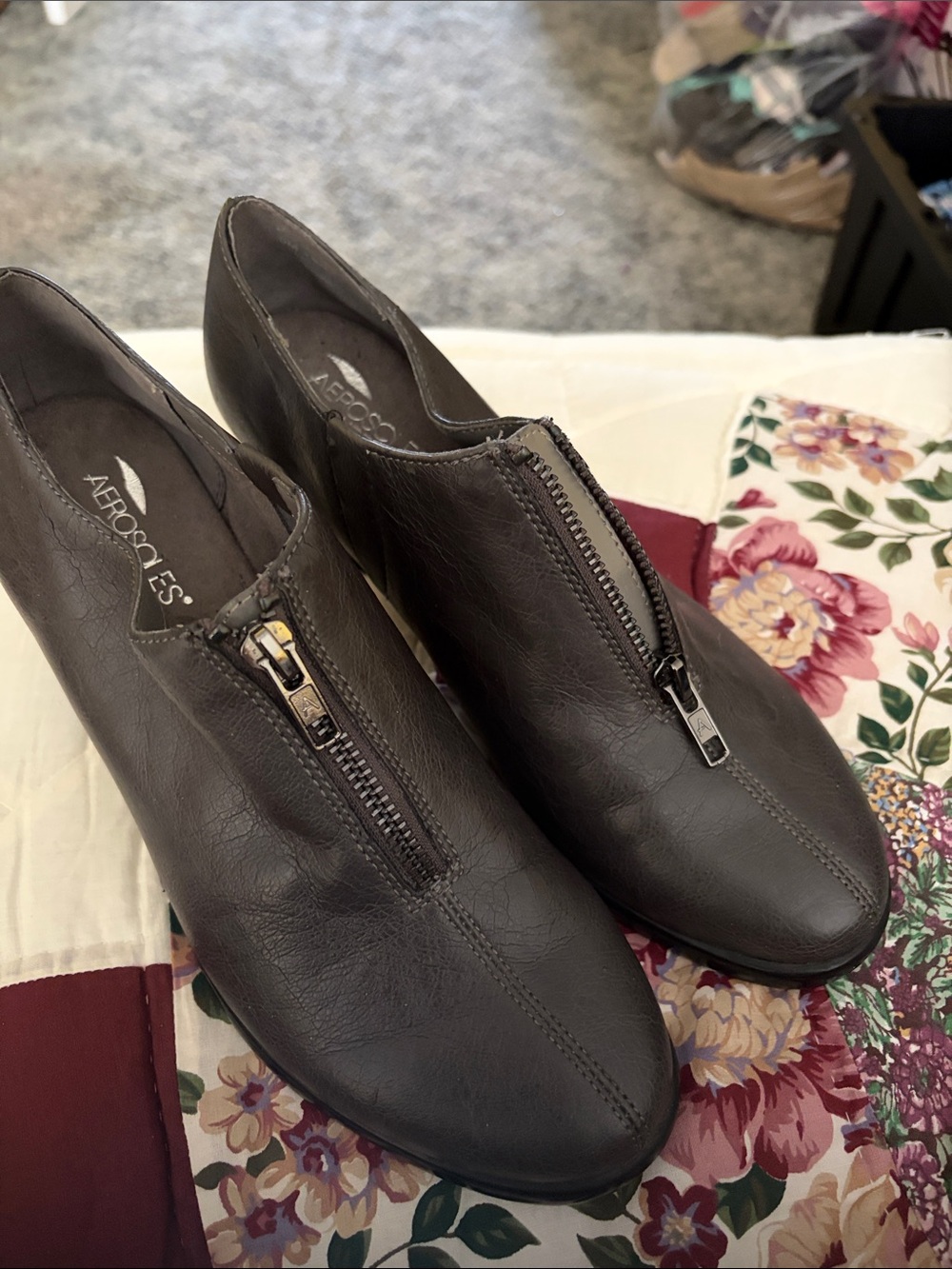 AEROSOLES Dark Gray Front-Zip Leather Heeled Slip-Ons